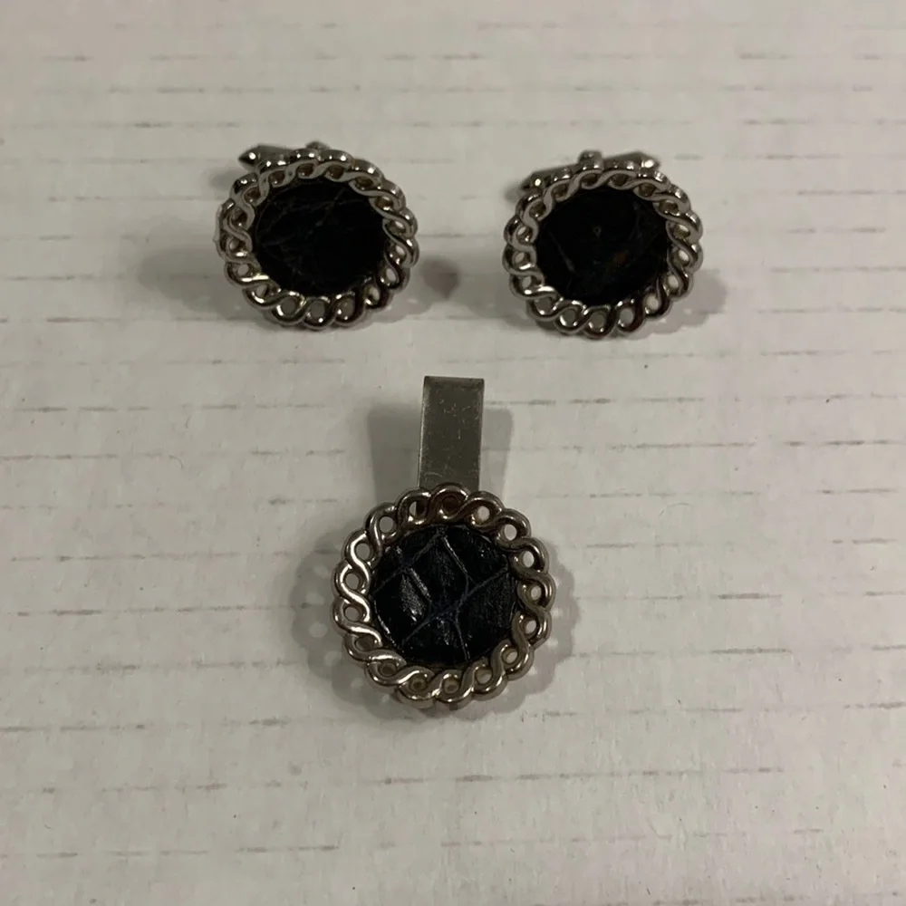 SILVER Tone Cuff Links w/ Tie Tack- leather inside- good condition- vintage